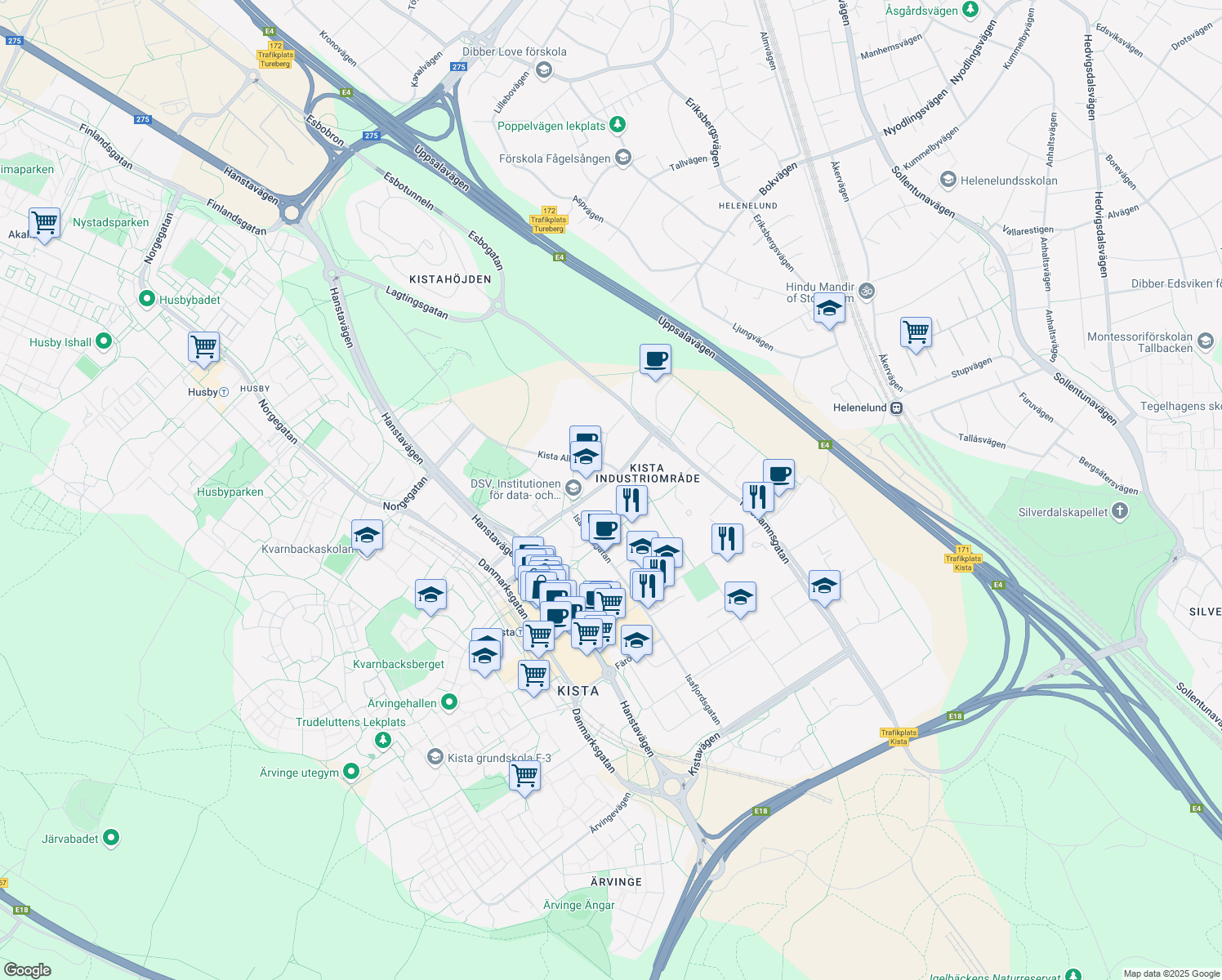 map of restaurants, bars, coffee shops, grocery stores, and more near 3 Borgarfjordsgatan in Stockholm