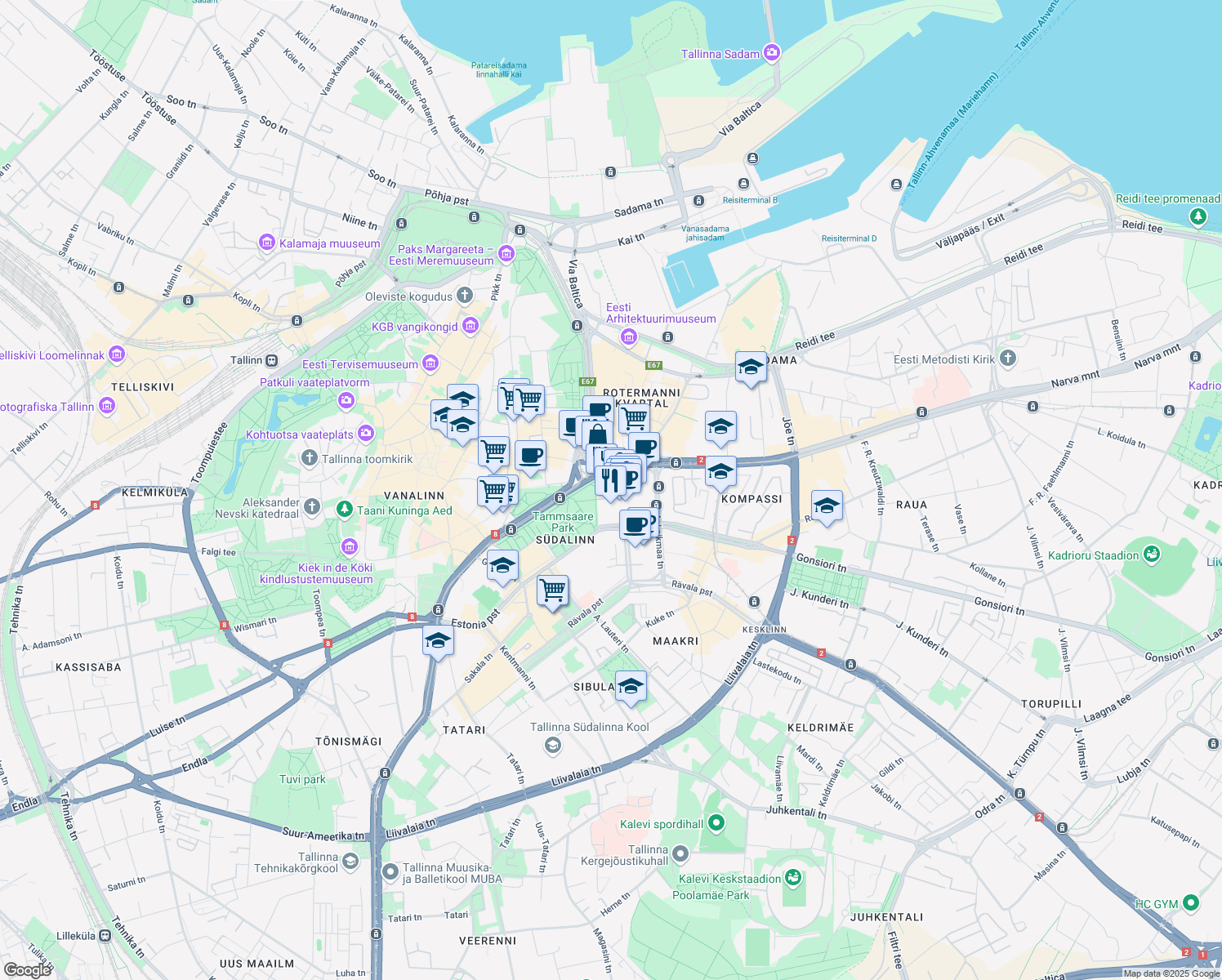 map of restaurants, bars, coffee shops, grocery stores, and more near 4 Viru Square in Tallinn