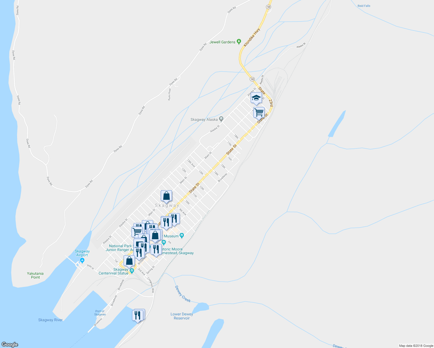 map of restaurants, bars, coffee shops, grocery stores, and more near 14th in Skagway