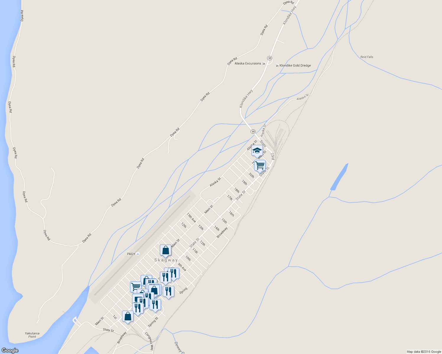 map of restaurants, bars, coffee shops, grocery stores, and more near Alaska Street in Skagway