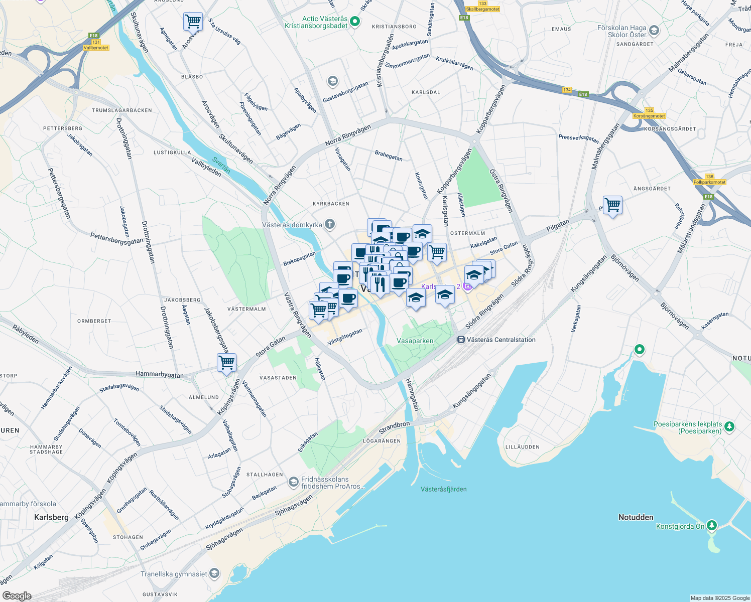 map of restaurants, bars, coffee shops, grocery stores, and more near 38 Stora Gatan in Västerås