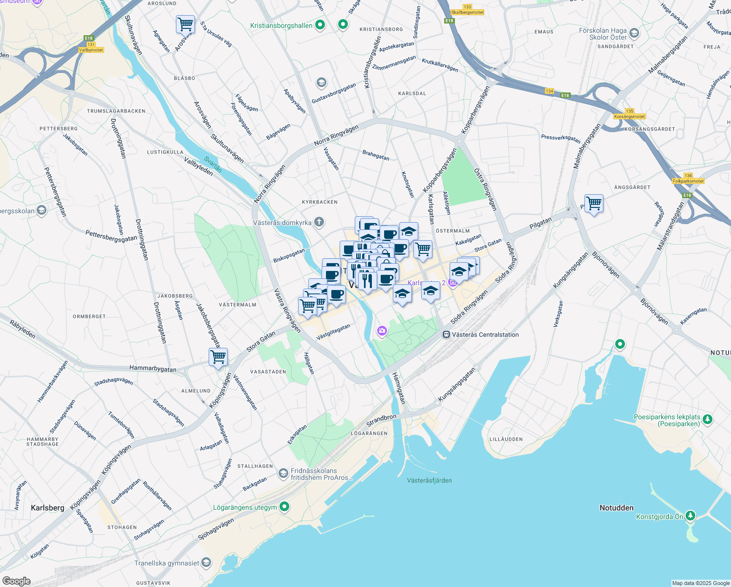 map of restaurants, bars, coffee shops, grocery stores, and more near 38 Stora Gatan in Västerås