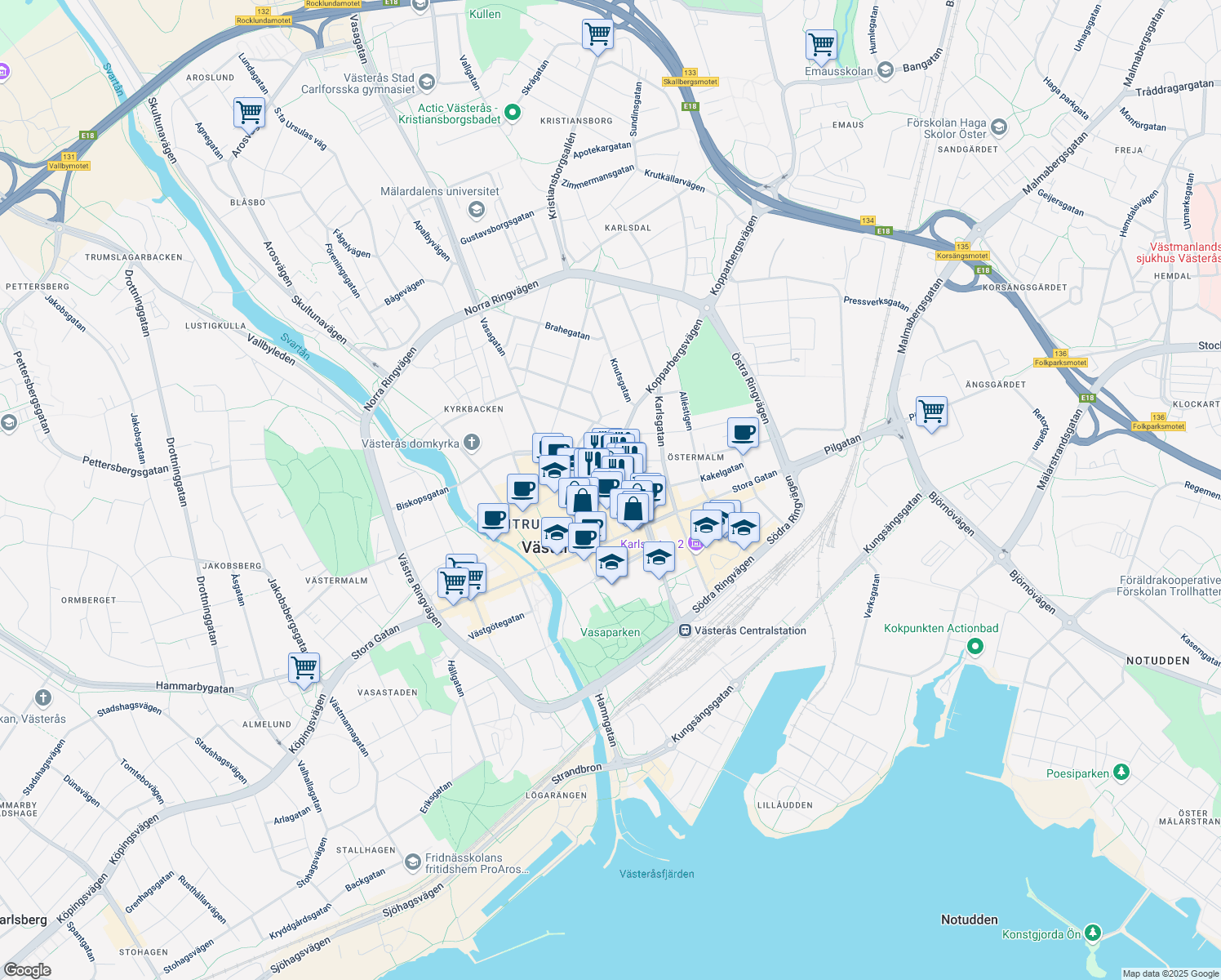 map of restaurants, bars, coffee shops, grocery stores, and more near in Västerås