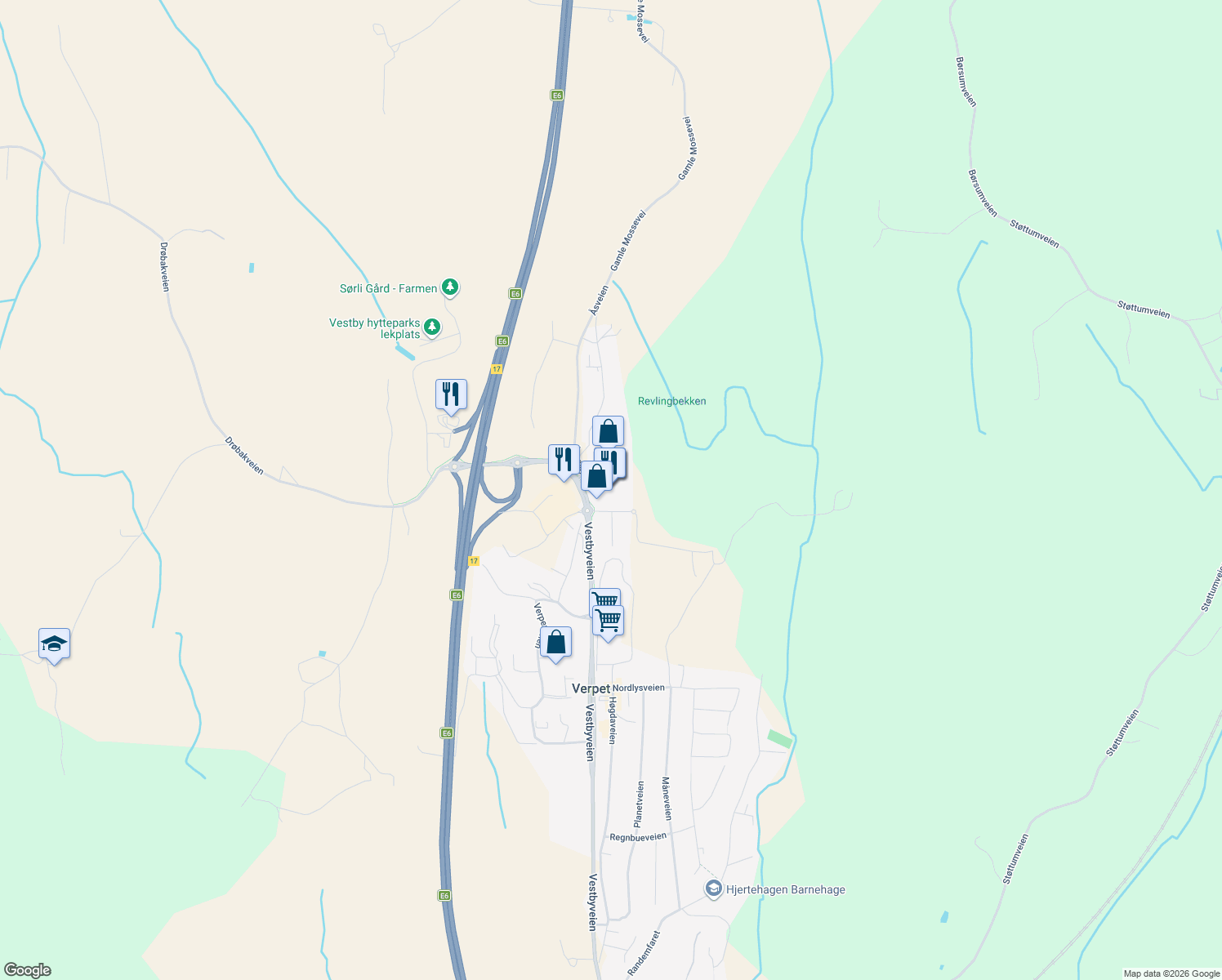 map of restaurants, bars, coffee shops, grocery stores, and more near 155 Vestbyveien in Vestby