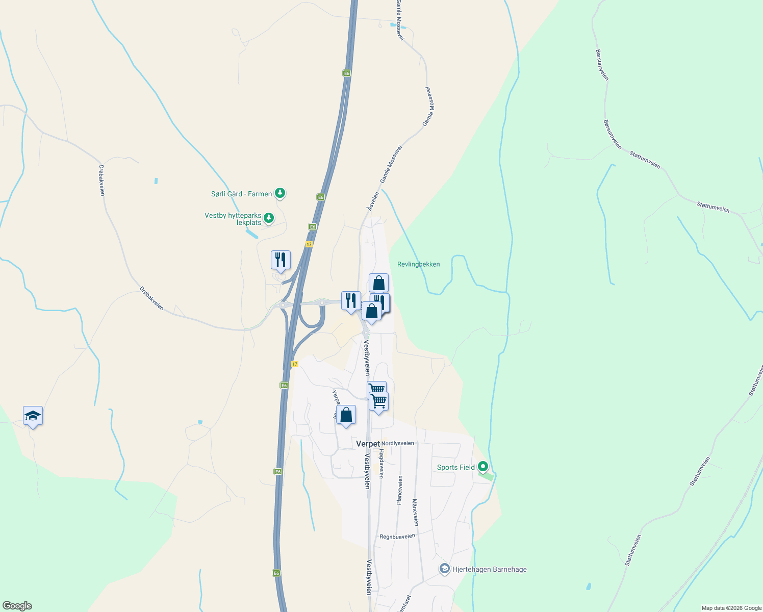 map of restaurants, bars, coffee shops, grocery stores, and more near 155 Vestbyveien in Vestby