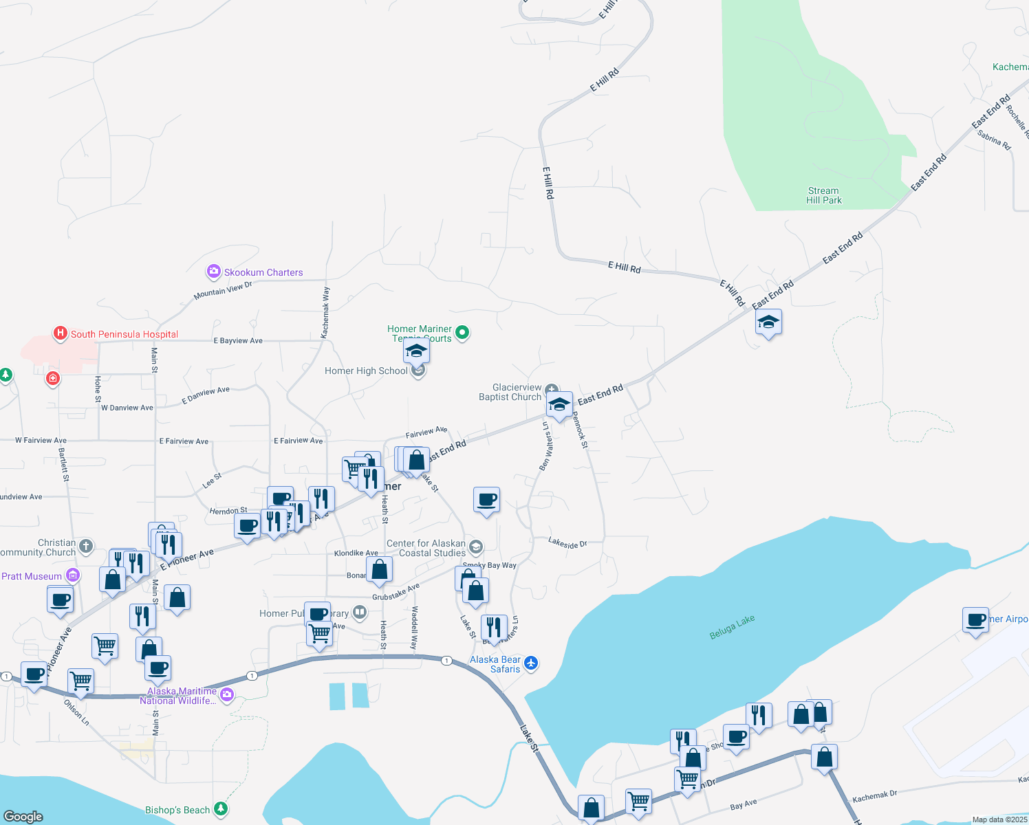 map of restaurants, bars, coffee shops, grocery stores, and more near 880 East End Road in Homer