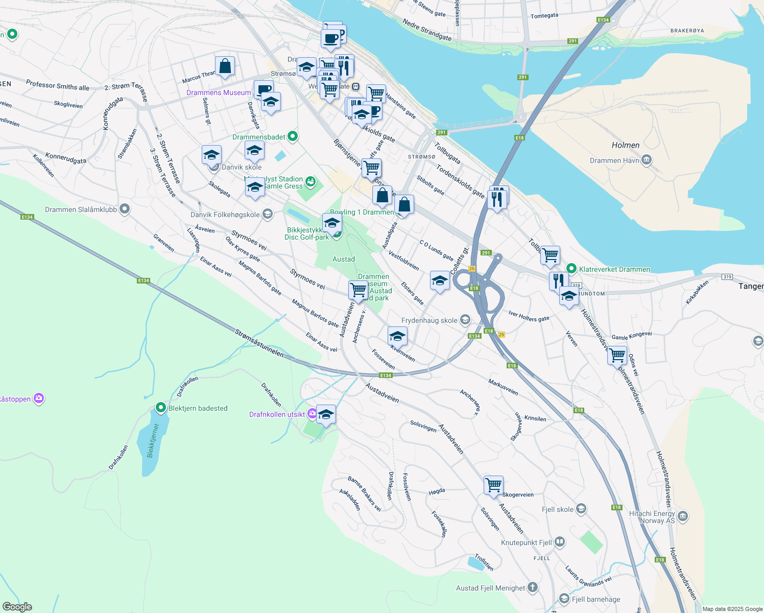 map of restaurants, bars, coffee shops, grocery stores, and more near in Drammen