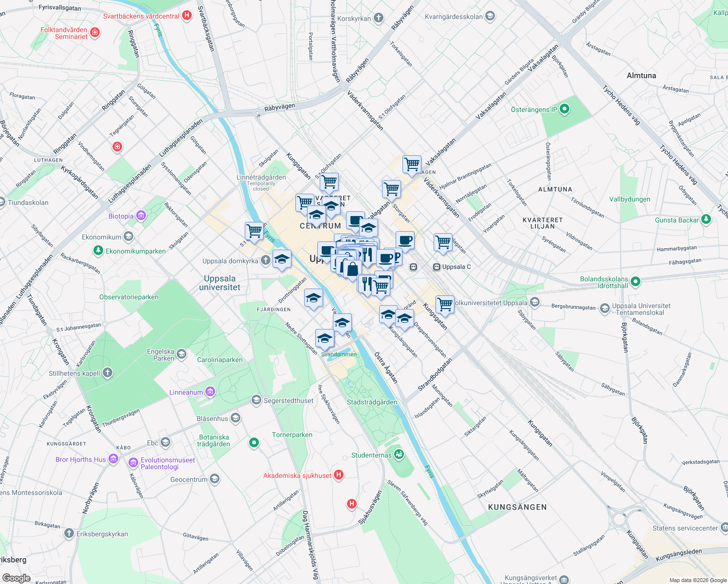 map of restaurants, bars, coffee shops, grocery stores, and more near 5 Bangårdsgatan in Uppsala