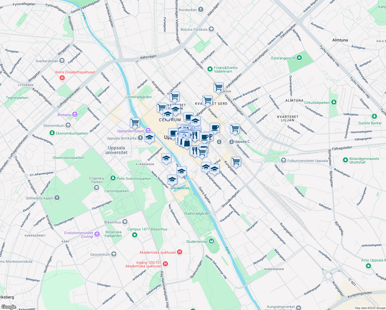 map of restaurants, bars, coffee shops, grocery stores, and more near 5 Bangårdsgatan in Uppsala