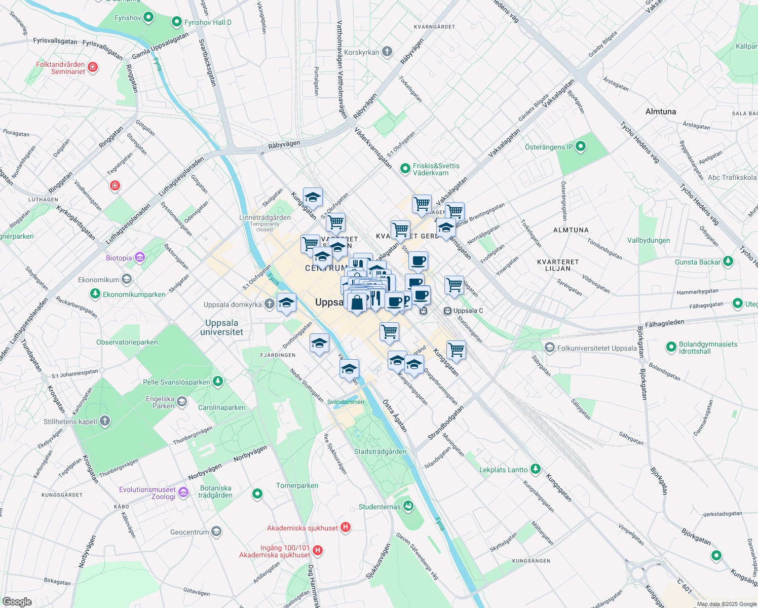 map of restaurants, bars, coffee shops, grocery stores, and more near 14 Bredgränd in Uppsala