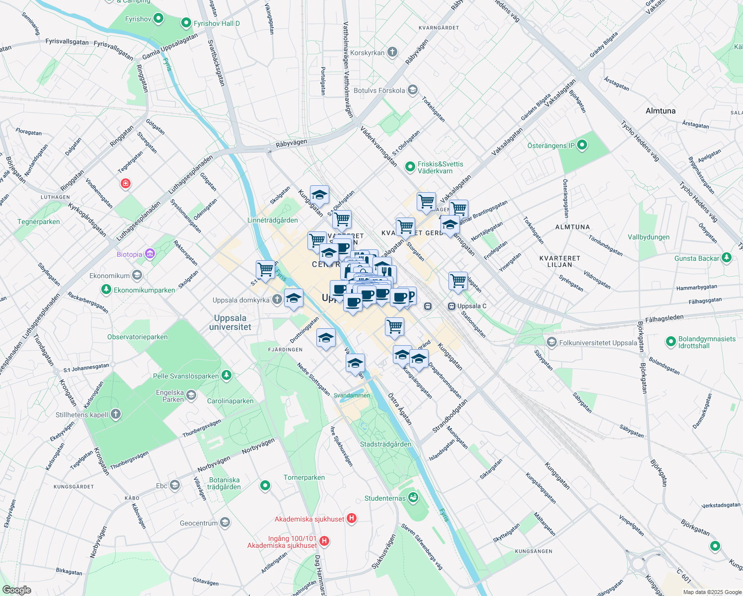 map of restaurants, bars, coffee shops, grocery stores, and more near 46 Dragarbrunnsgatan in Uppsala