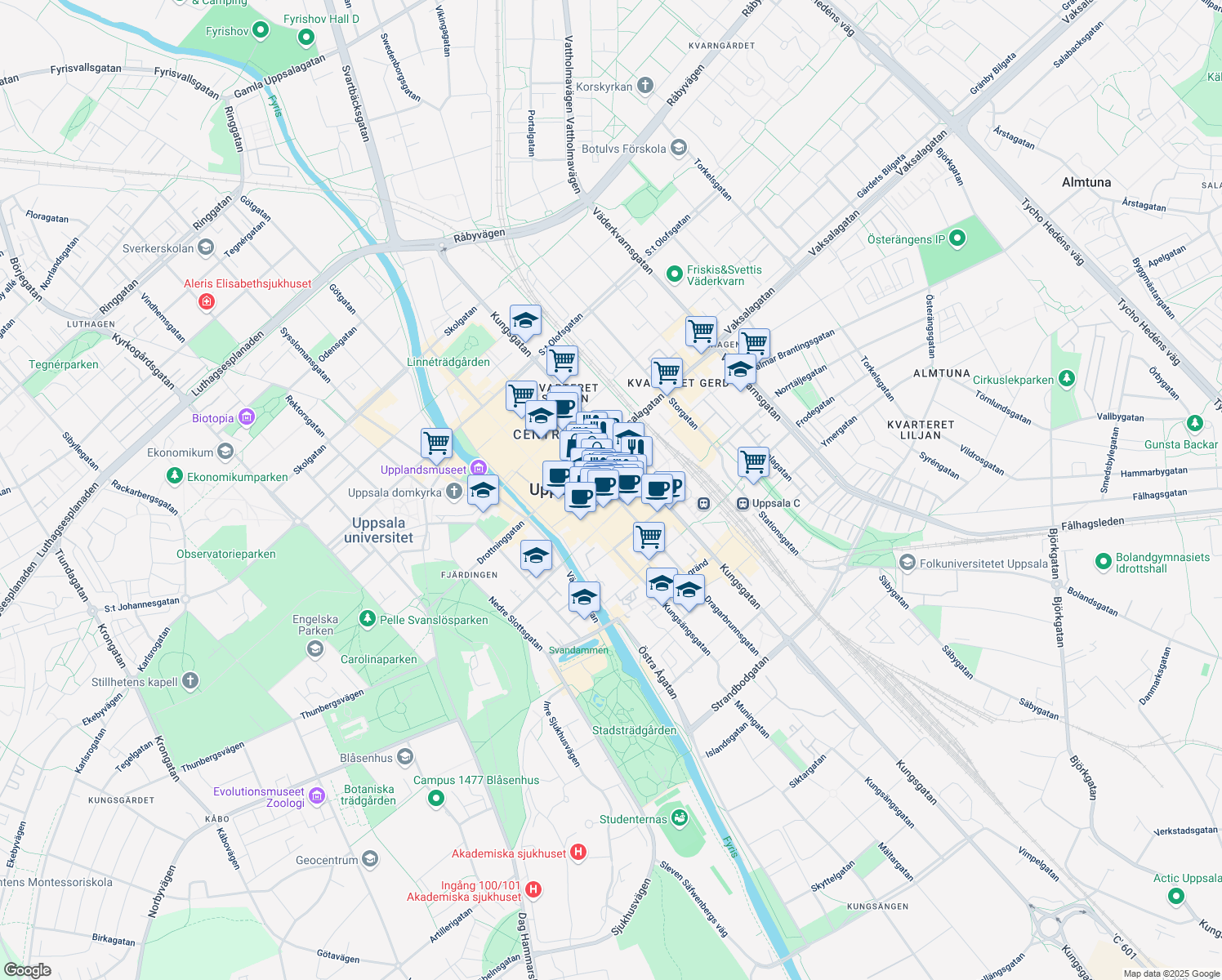 map of restaurants, bars, coffee shops, grocery stores, and more near 46 Dragarbrunnsgatan in Uppsala
