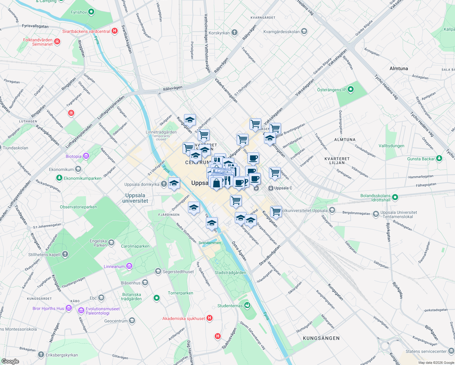 map of restaurants, bars, coffee shops, grocery stores, and more near 14 Bredgränd in Uppsala