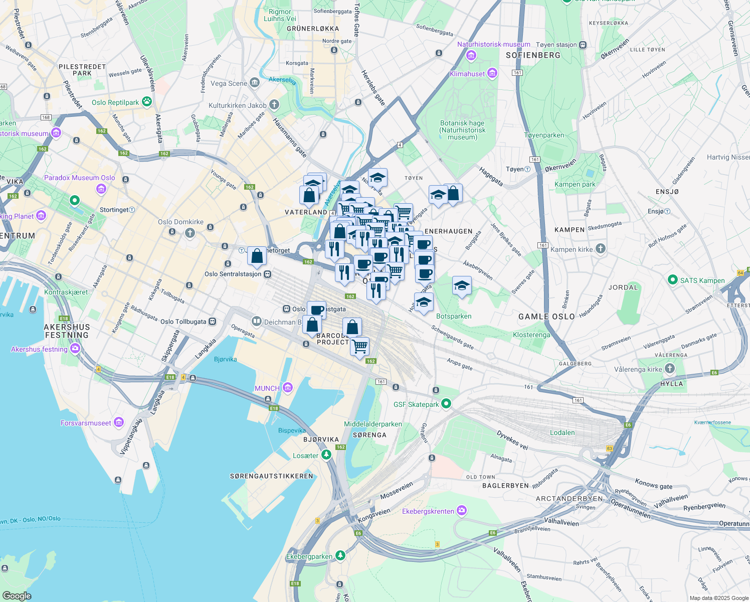 map of restaurants, bars, coffee shops, grocery stores, and more near 21 Schweigaards gate in Oslo kommune