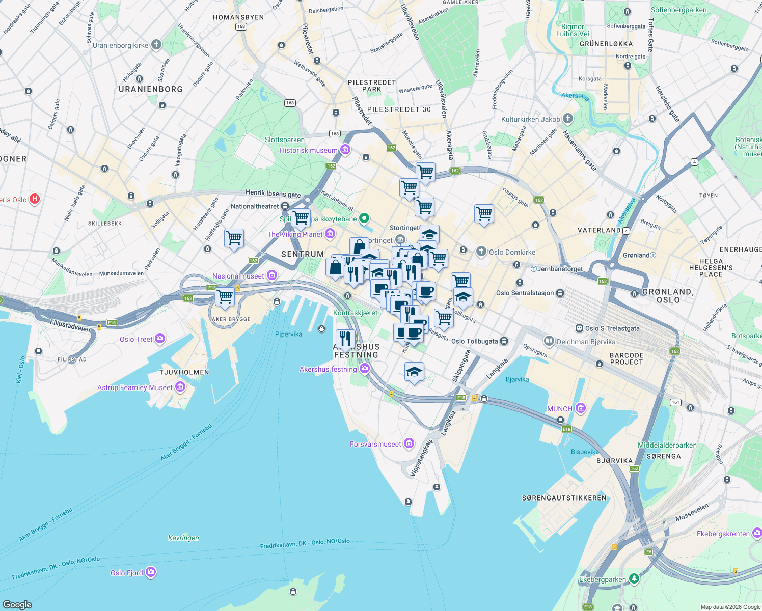 map of restaurants, bars, coffee shops, grocery stores, and more near 21 Rådhusgata in Oslo