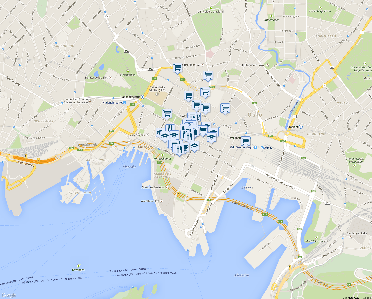 map of restaurants, bars, coffee shops, grocery stores, and more near 2 Øvre Slottsgate in Oslo
