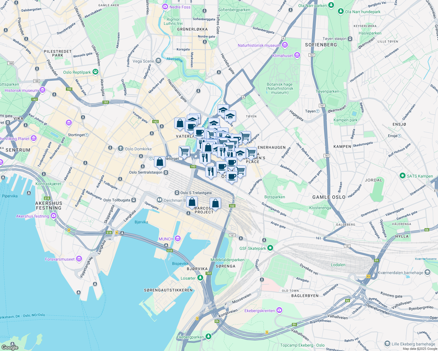 map of restaurants, bars, coffee shops, grocery stores, and more near 21 Schweigaards gate in Oslo kommune