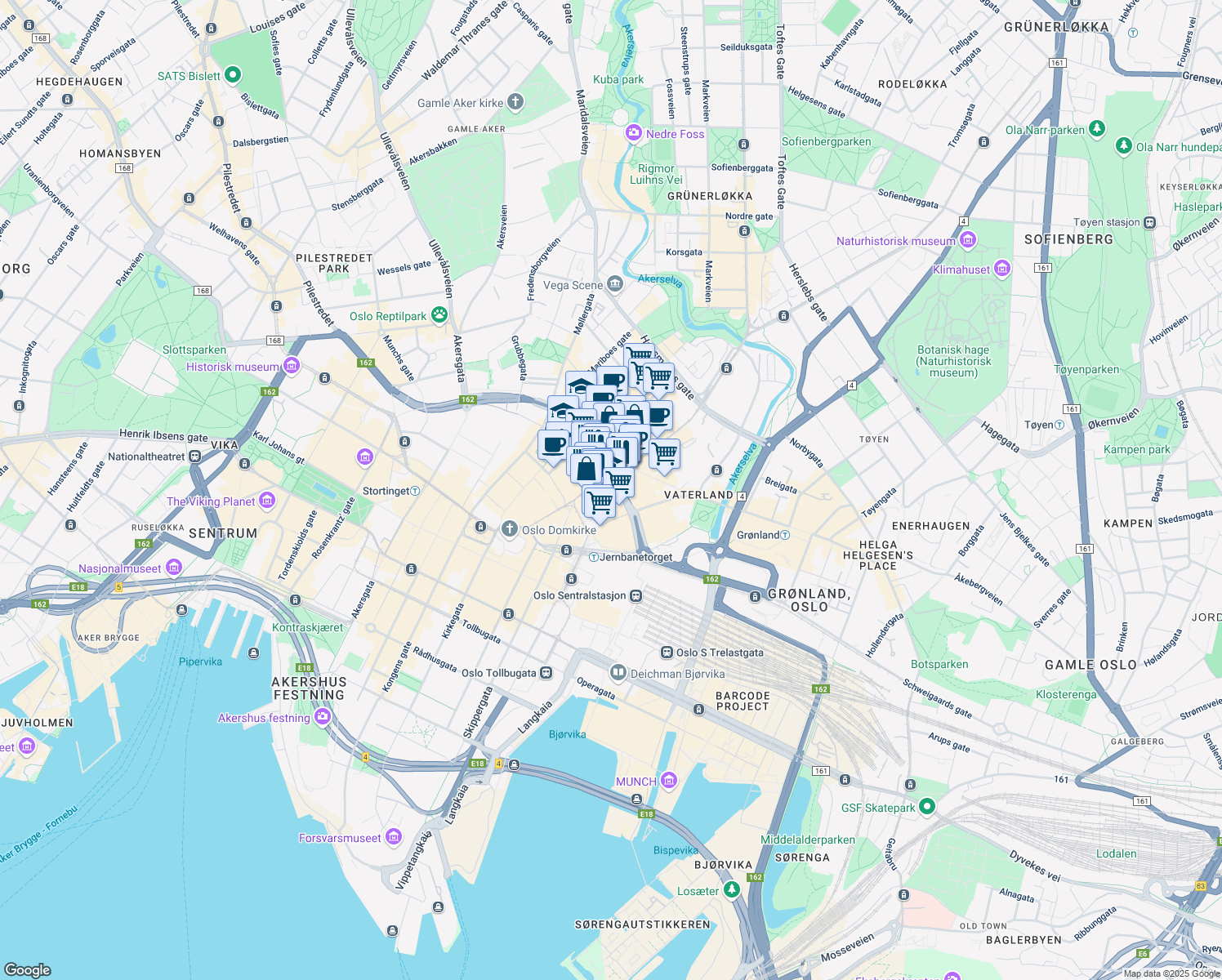 map of restaurants, bars, coffee shops, grocery stores, and more near in Oslo