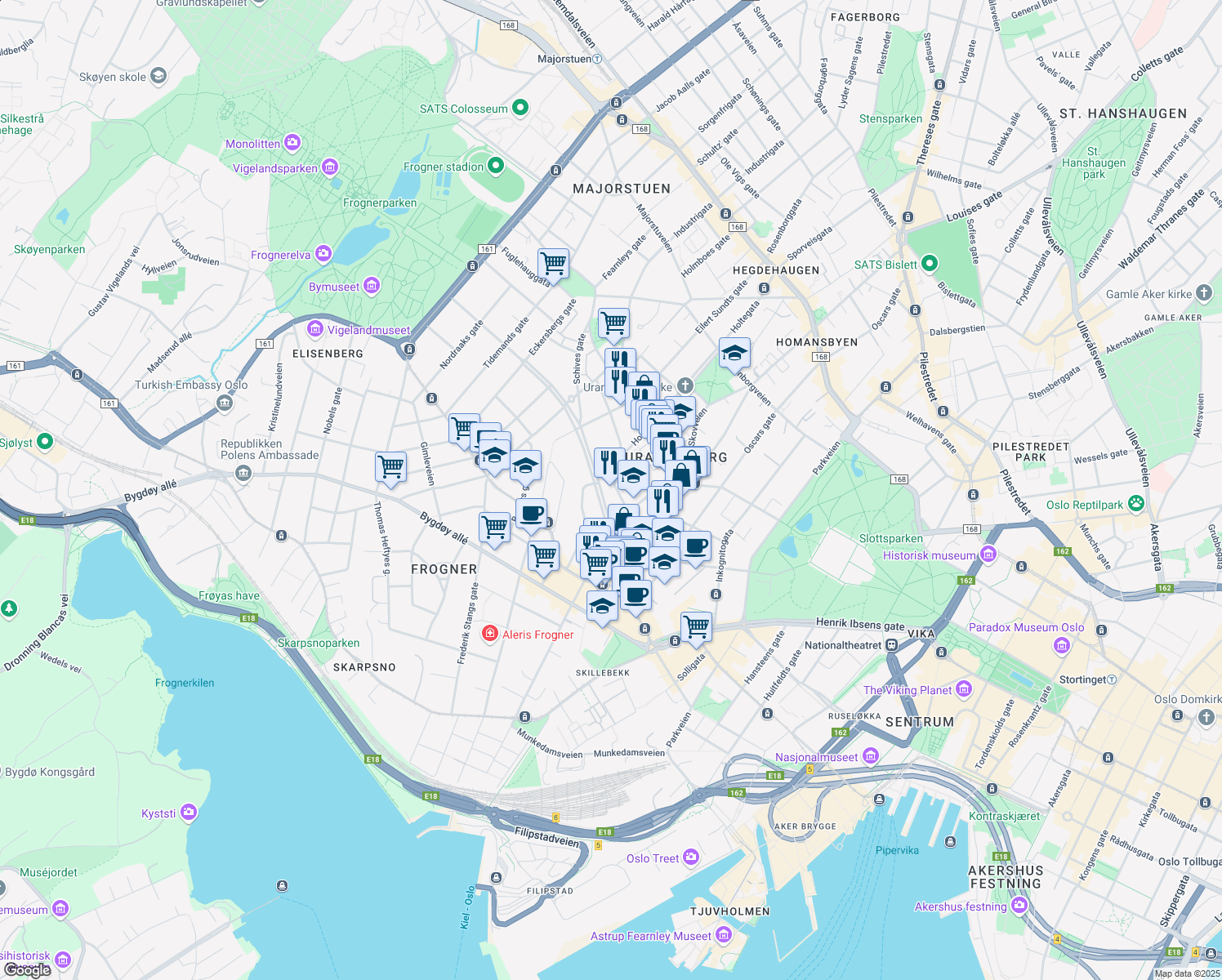 map of restaurants, bars, coffee shops, grocery stores, and more near 4 President Harbitz' gate in Oslo