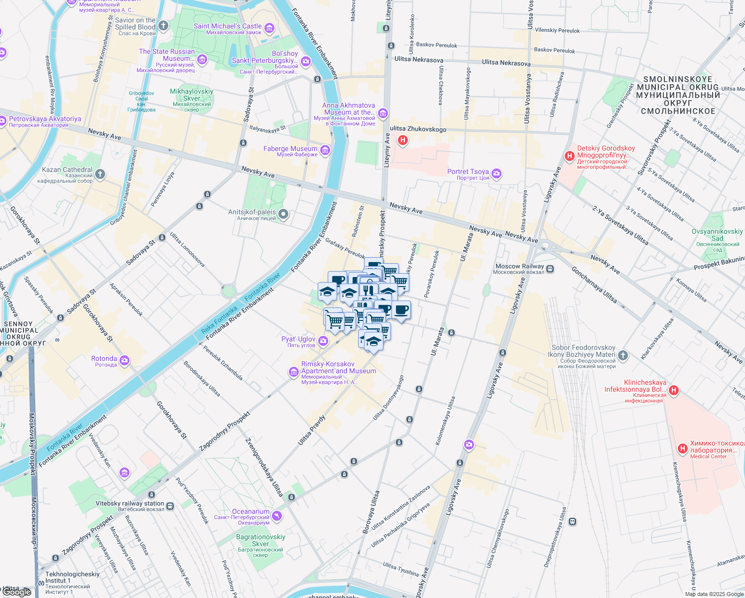 map of restaurants, bars, coffee shops, grocery stores, and more near 19 Vladimirskiy Prospekt in Sankt-Peterburg