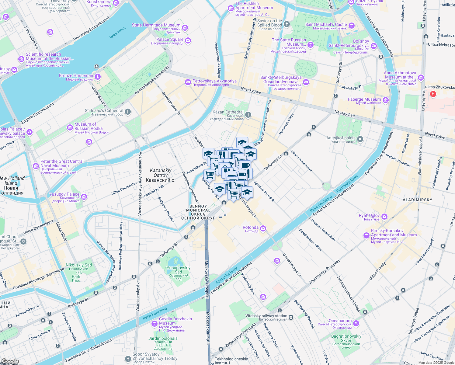 map of restaurants, bars, coffee shops, grocery stores, and more near 39 Gorokhovaya Street in Saint Petersburg
