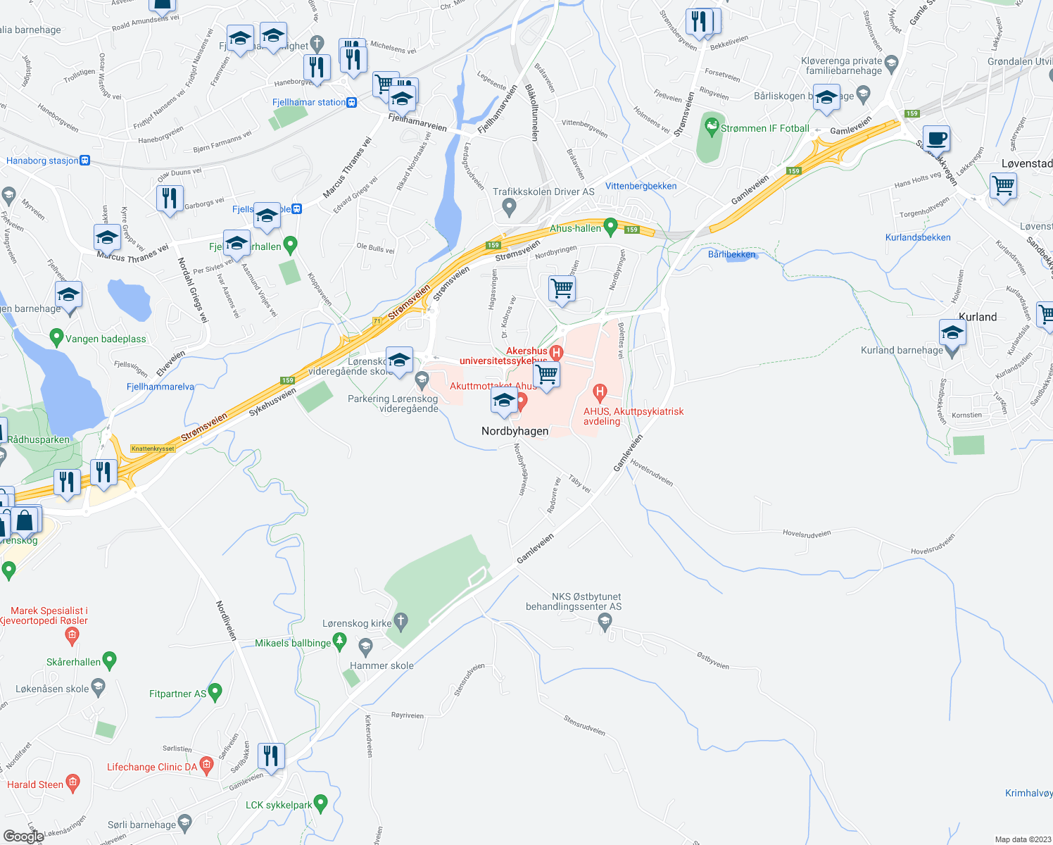 map of restaurants, bars, coffee shops, grocery stores, and more near 25 Sykehusveien in Lørenskog