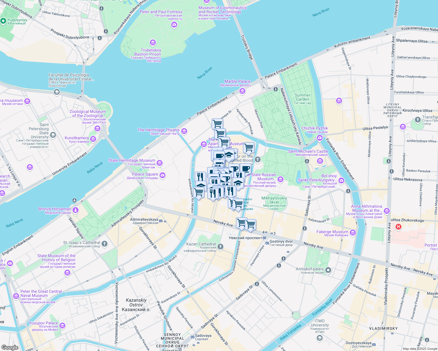 map of restaurants, bars, coffee shops, grocery stores, and more near 13 Bolshaya Konyushennaya Street in Sankt-Peterburg