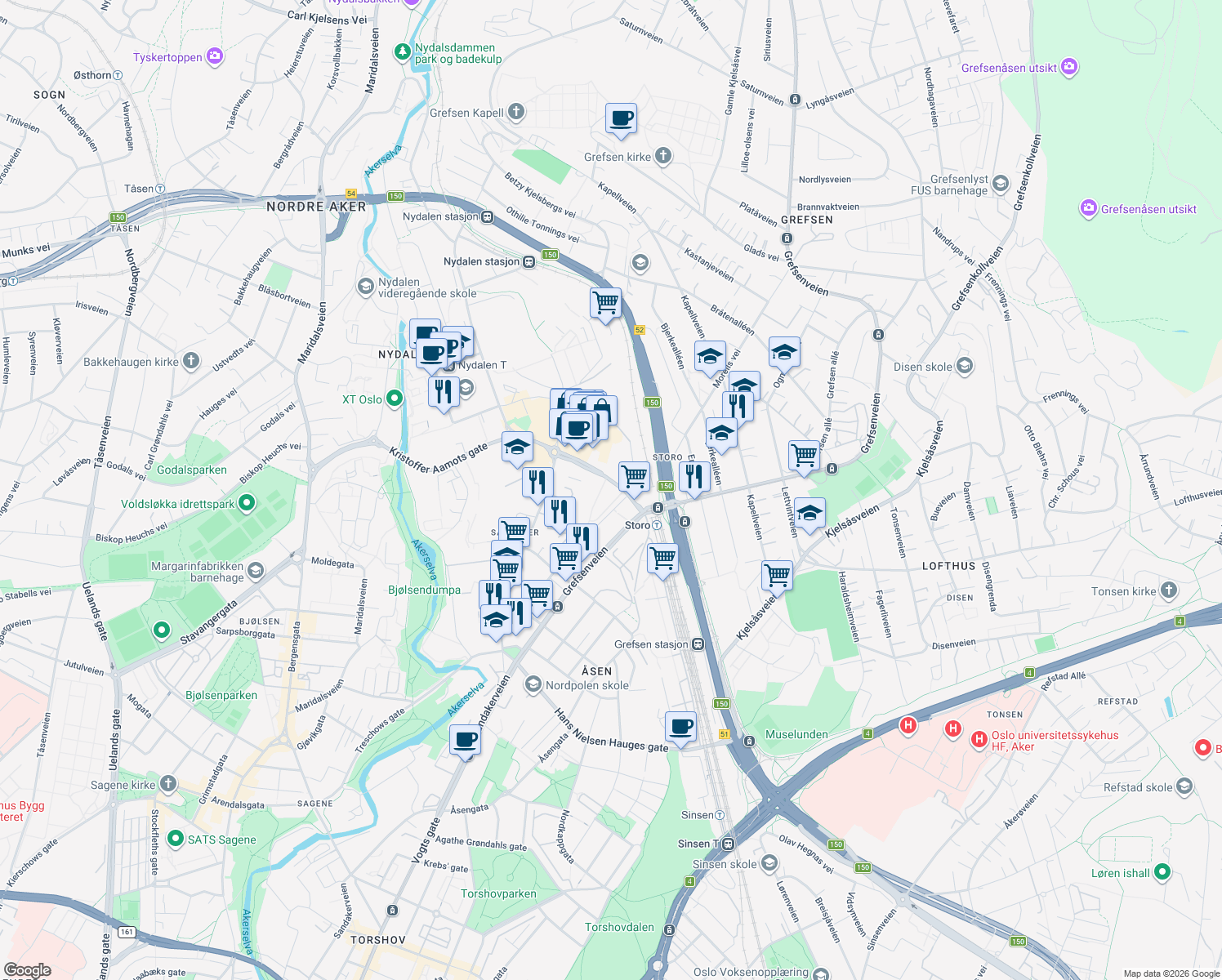 map of restaurants, bars, coffee shops, grocery stores, and more near 4 Vitaminveien in Oslo