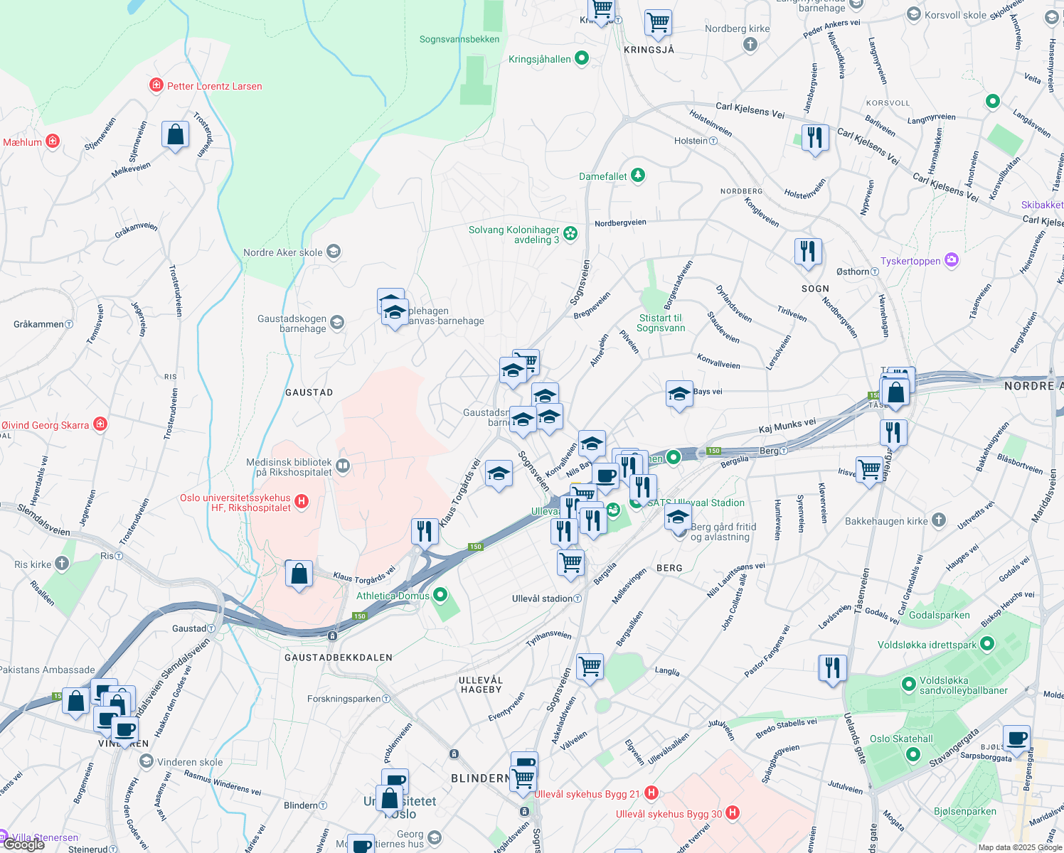 map of restaurants, bars, coffee shops, grocery stores, and more near 6 Jon P. Erliens vei in Oslo