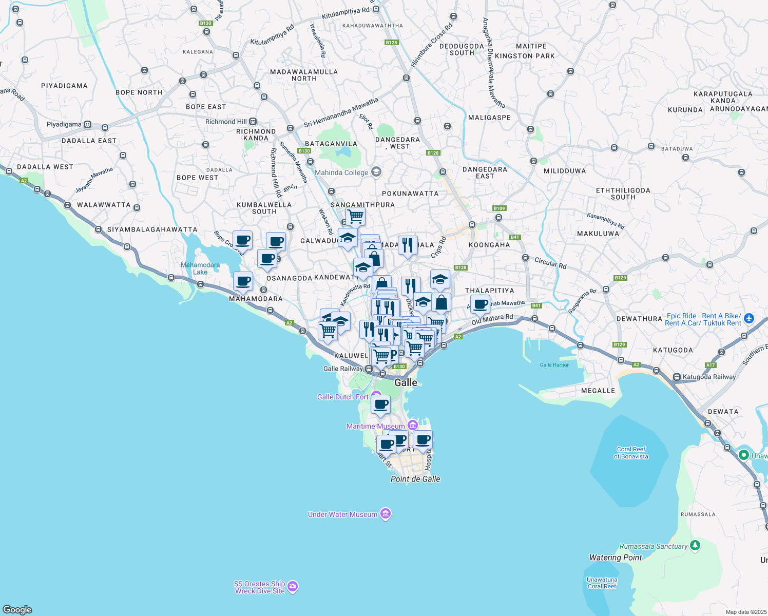 map of restaurants, bars, coffee shops, grocery stores, and more near Wakwella Road in Galle