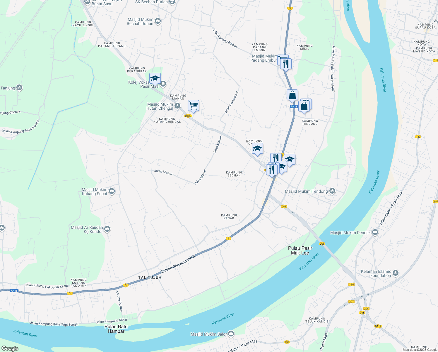 map of restaurants, bars, coffee shops, grocery stores, and more near in Pasir Mas