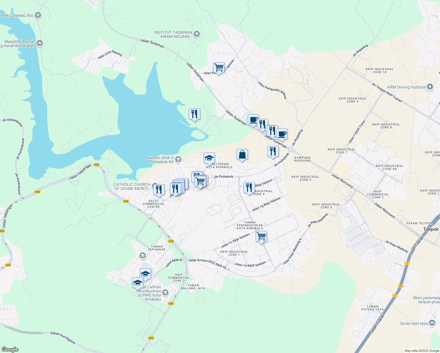 map of restaurants, bars, coffee shops, grocery stores, and more near Jalan Politeknik in Kota Kinabalu