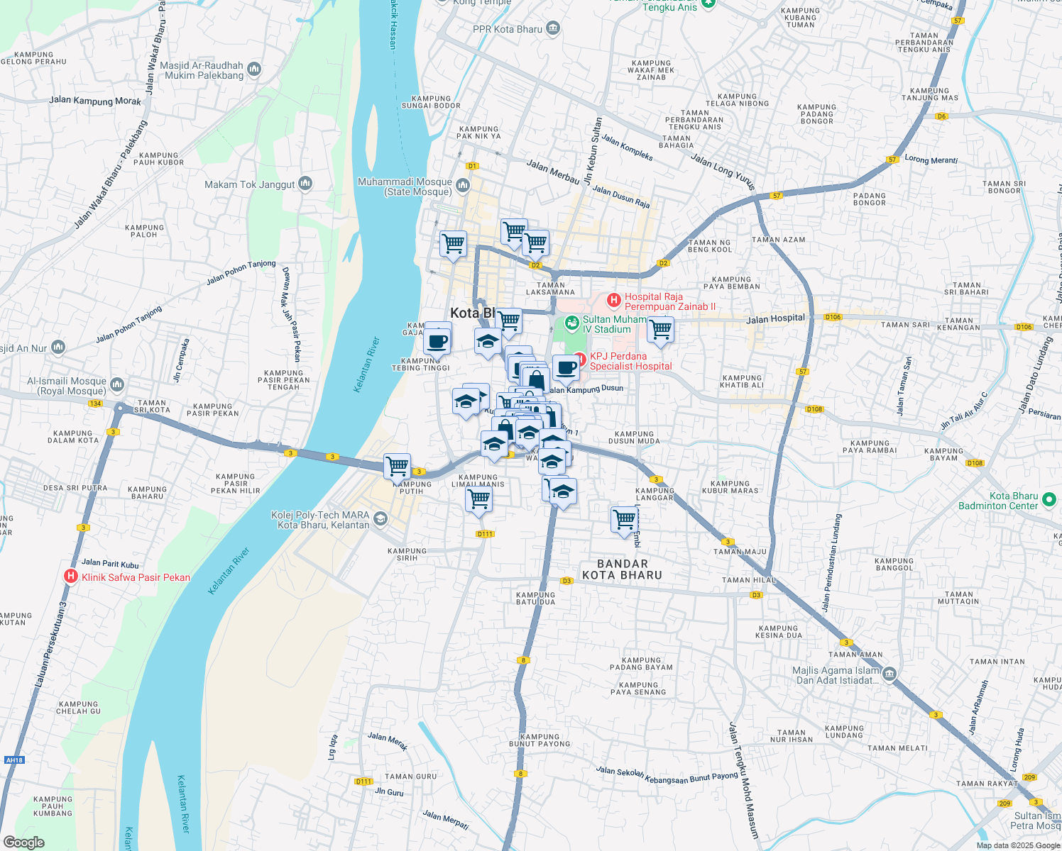 map of restaurants, bars, coffee shops, grocery stores, and more near Jalan Sultan Ibrahim in Kota Bharu
