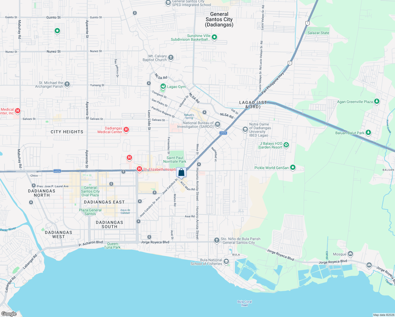 map of restaurants, bars, coffee shops, grocery stores, and more near Jose Catolico Sr. Avenue in General Santos City