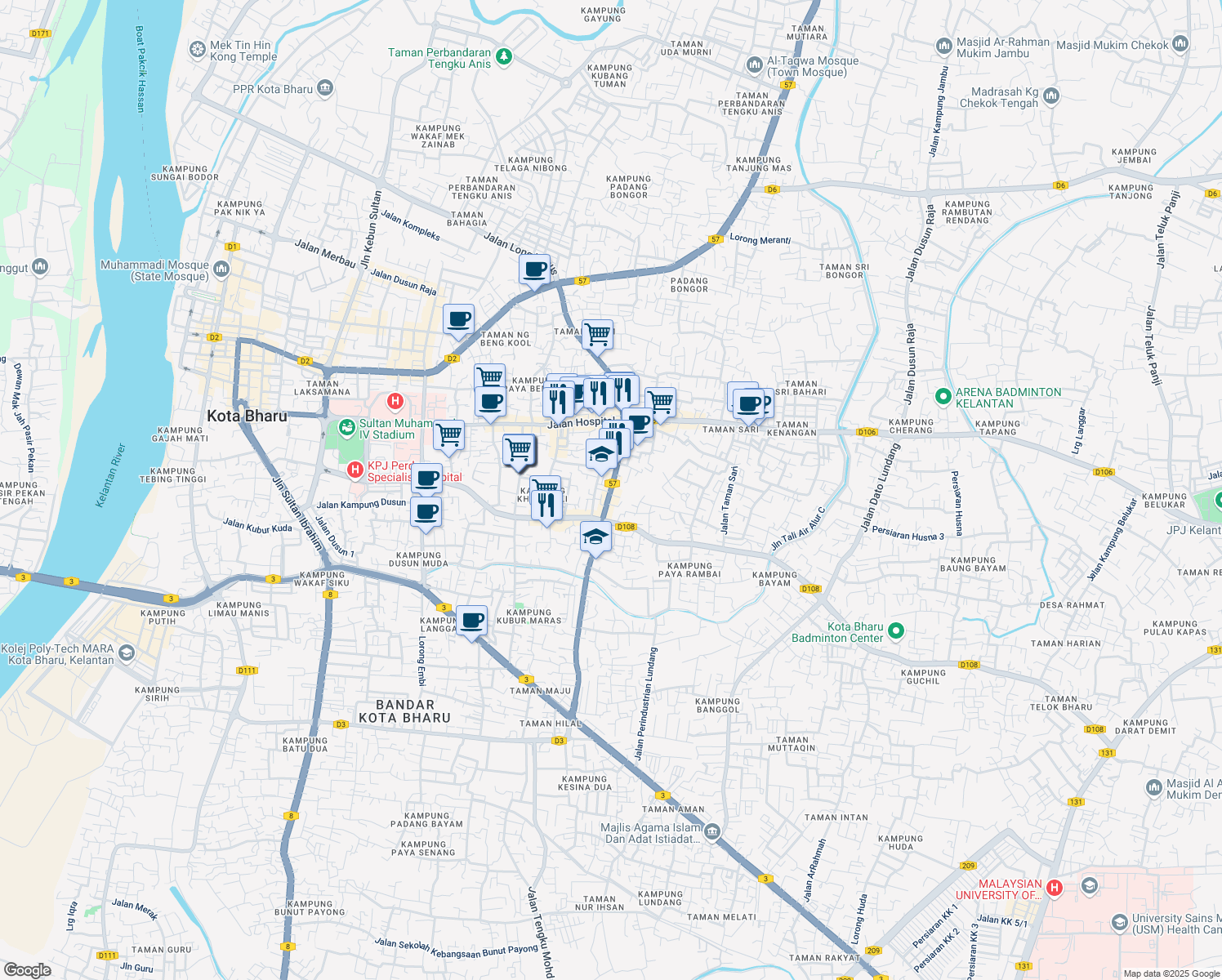 map of restaurants, bars, coffee shops, grocery stores, and more near Jalan Long Yunus in Kota Bharu
