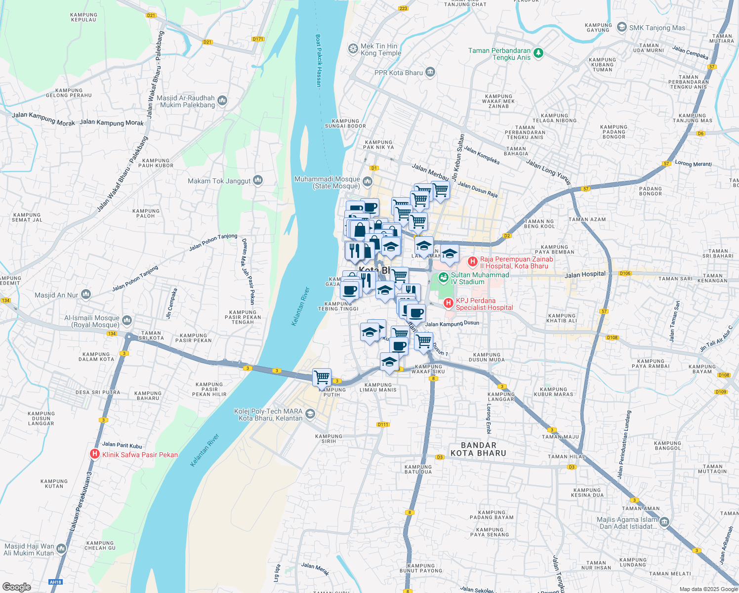 map of restaurants, bars, coffee shops, grocery stores, and more near Jalan Zainal Abidin in Kota Bharu