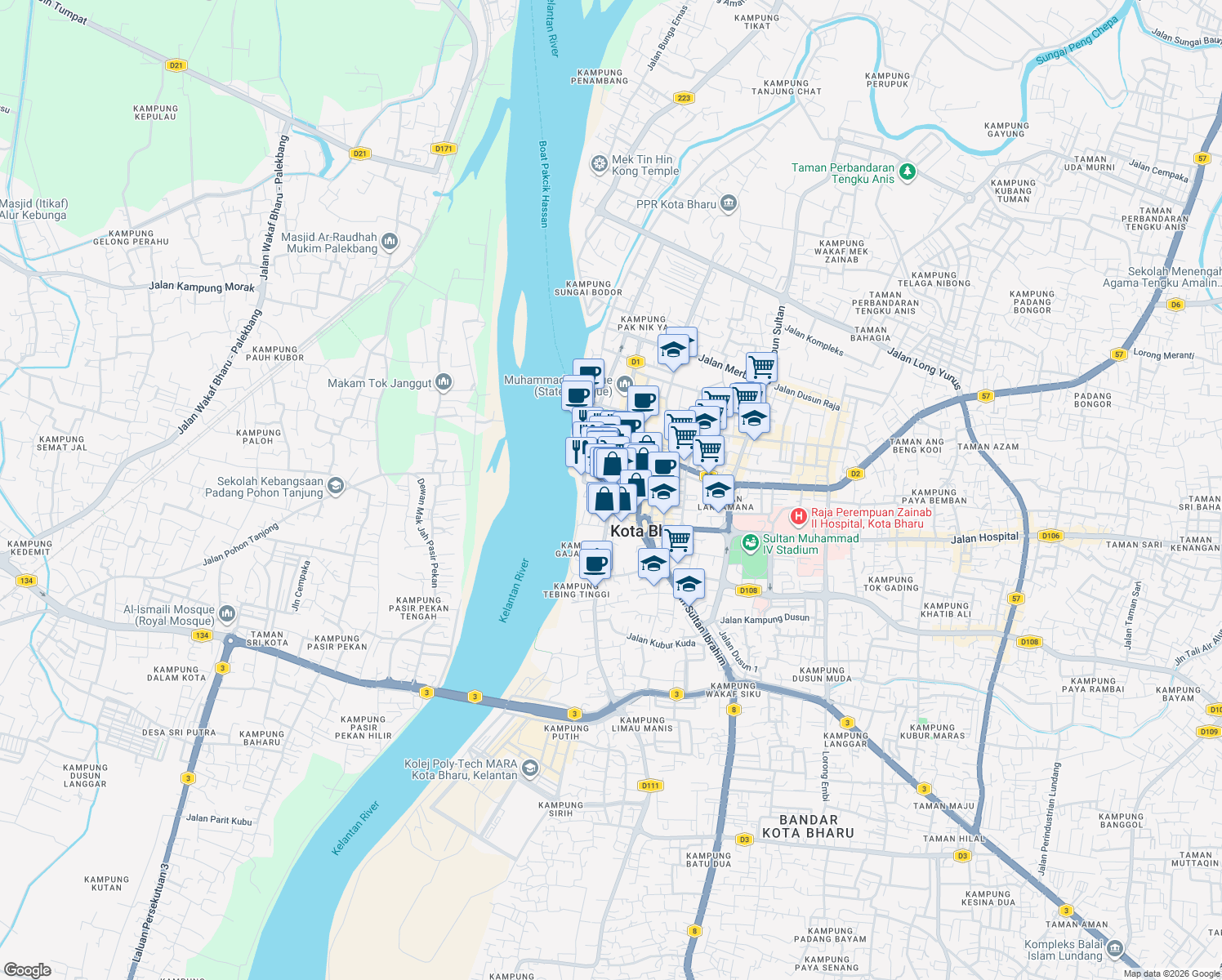 map of restaurants, bars, coffee shops, grocery stores, and more near Jalan Che Su in Kota Bharu