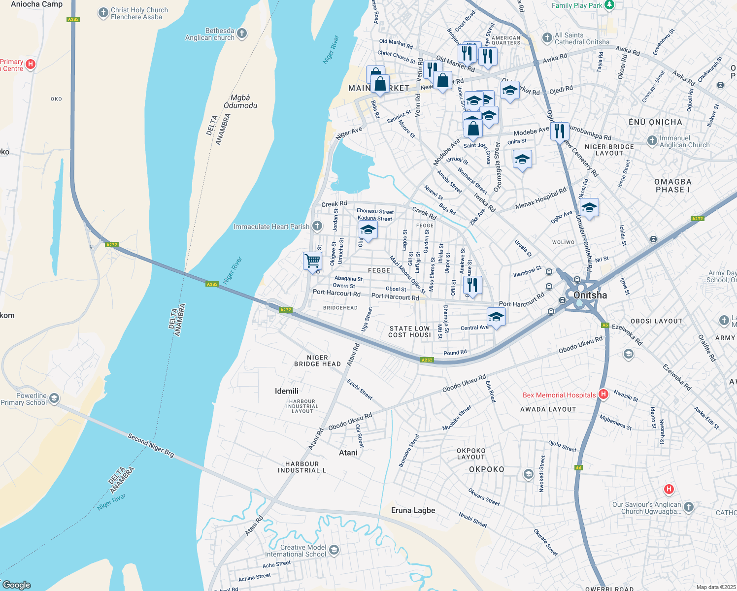 map of restaurants, bars, coffee shops, grocery stores, and more near Uga Street in Onitsha