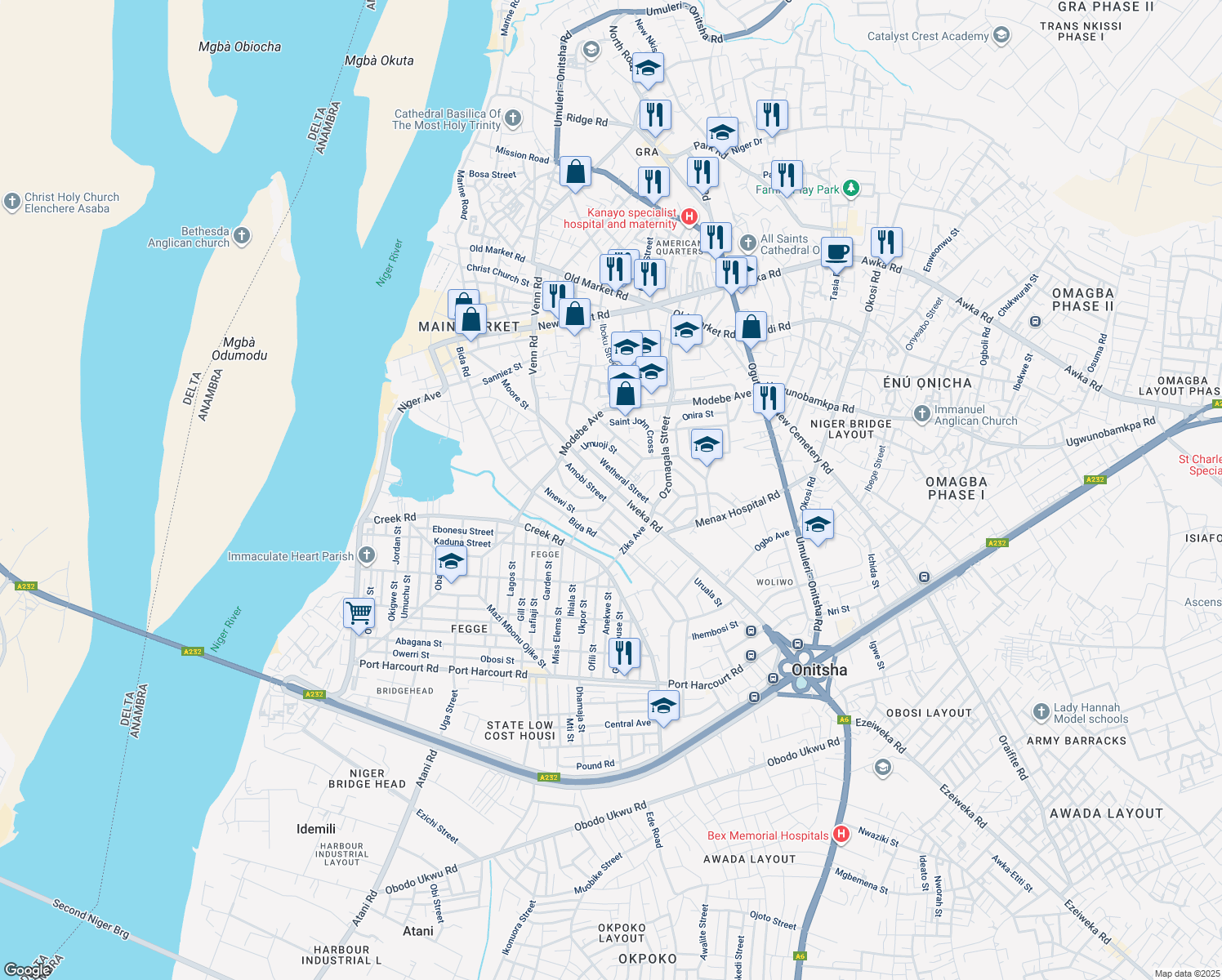 map of restaurants, bars, coffee shops, grocery stores, and more near Iweka Road in Onitsha