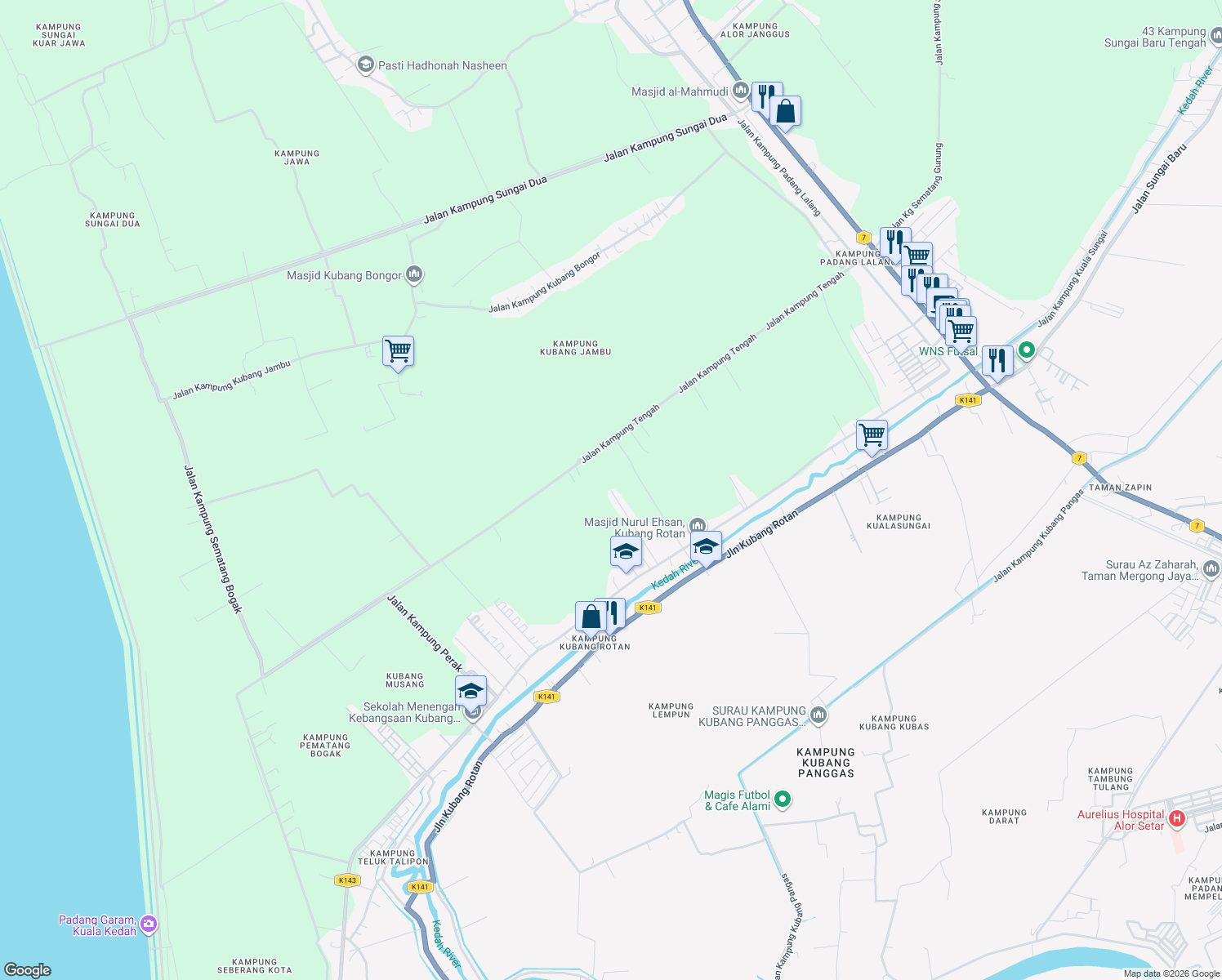 map of restaurants, bars, coffee shops, grocery stores, and more near Jalan Kubang Rotan Jaya 1 in Alor Setar