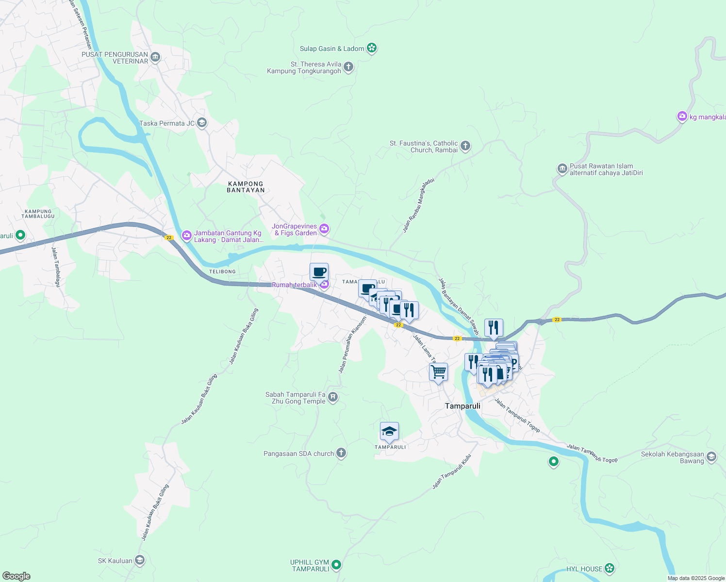 map of restaurants, bars, coffee shops, grocery stores, and more near Lorong Taman Nabalu Tamparuli in Tamparuli