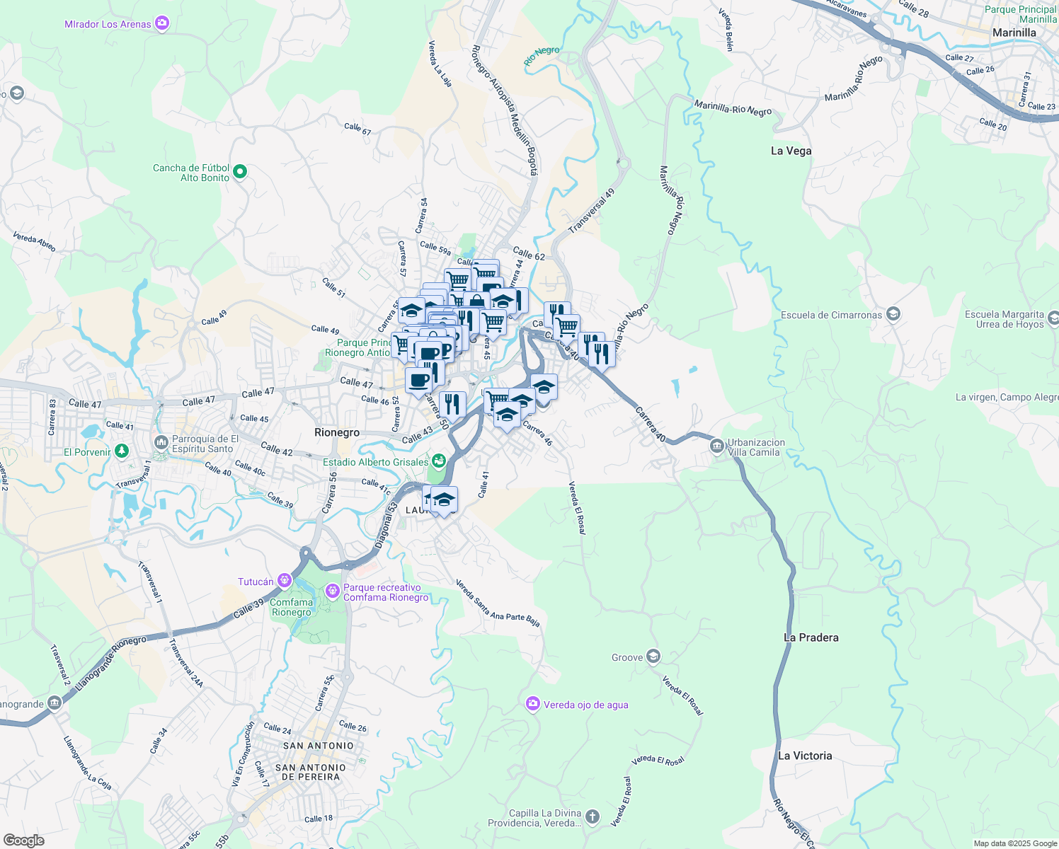 map of restaurants, bars, coffee shops, grocery stores, and more near 40b50 Carrera 46 in Rionegro