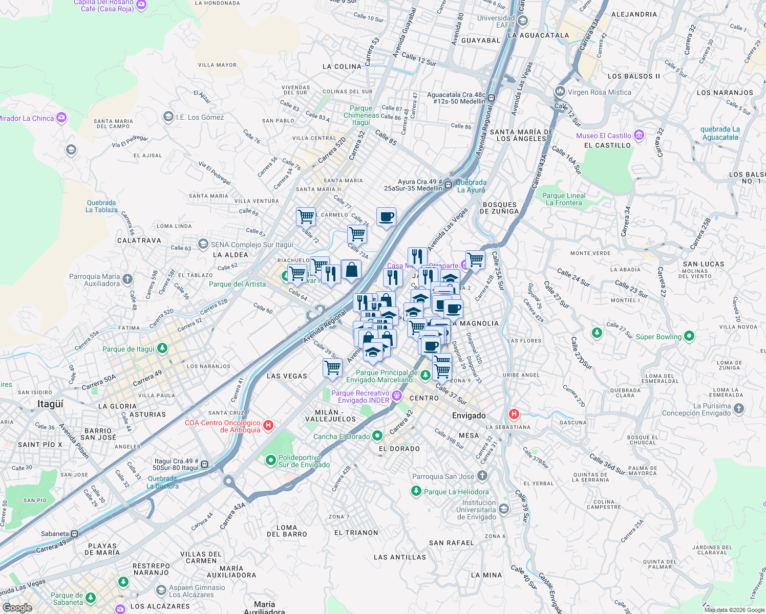 map of restaurants, bars, coffee shops, grocery stores, and more near 32b Sur-139 Carrera 48 in Envigado