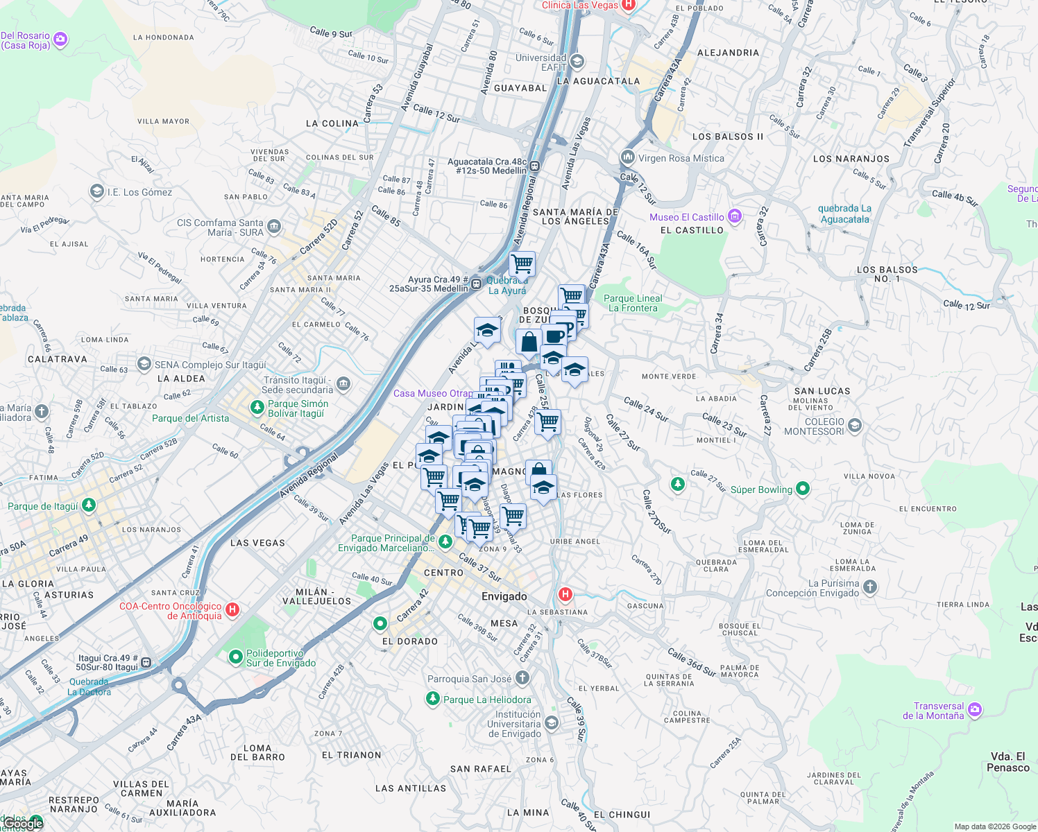map of restaurants, bars, coffee shops, grocery stores, and more near 44 Transversal 27A Sur in Envigado