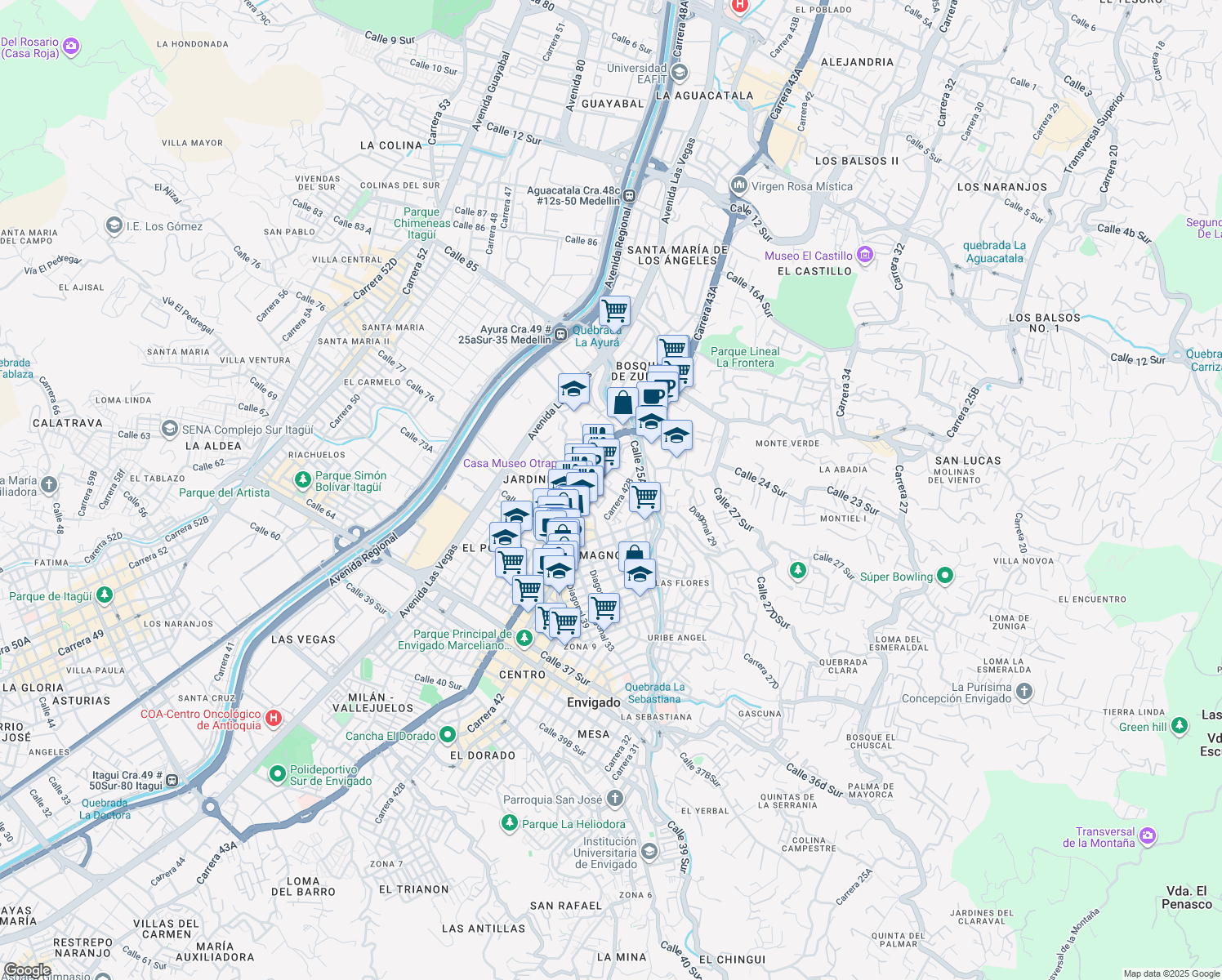 map of restaurants, bars, coffee shops, grocery stores, and more near 44 Transversal 27A Sur in Envigado