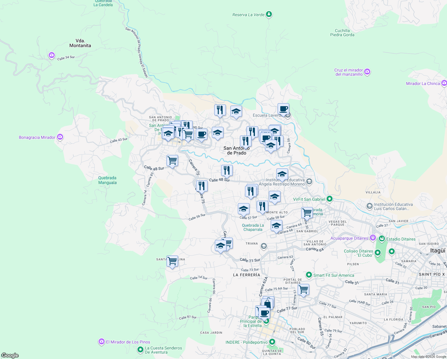 map of restaurants, bars, coffee shops, grocery stores, and more near 38 Calle 48 Sur in San Antonio de Prado