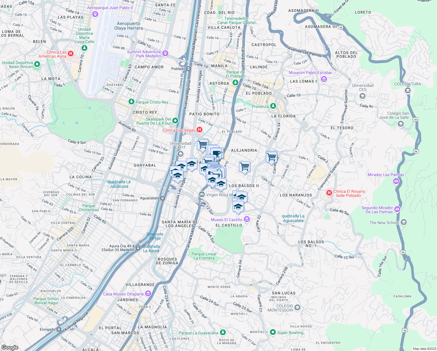map of restaurants, bars, coffee shops, grocery stores, and more near 42-145 Calle 7 Sur in Medellín