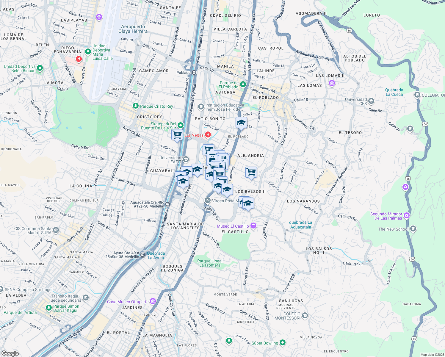 map of restaurants, bars, coffee shops, grocery stores, and more near 23-69 El Poblado 6S in Medellín
