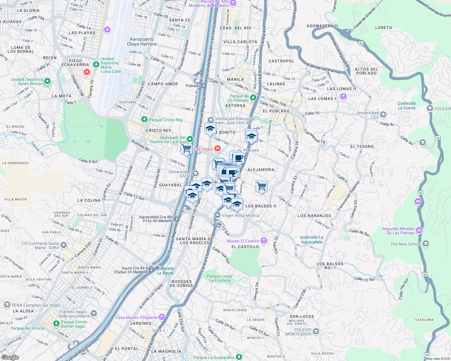 map of restaurants, bars, coffee shops, grocery stores, and more near 15 43A Calle 6 Sur in Medellín