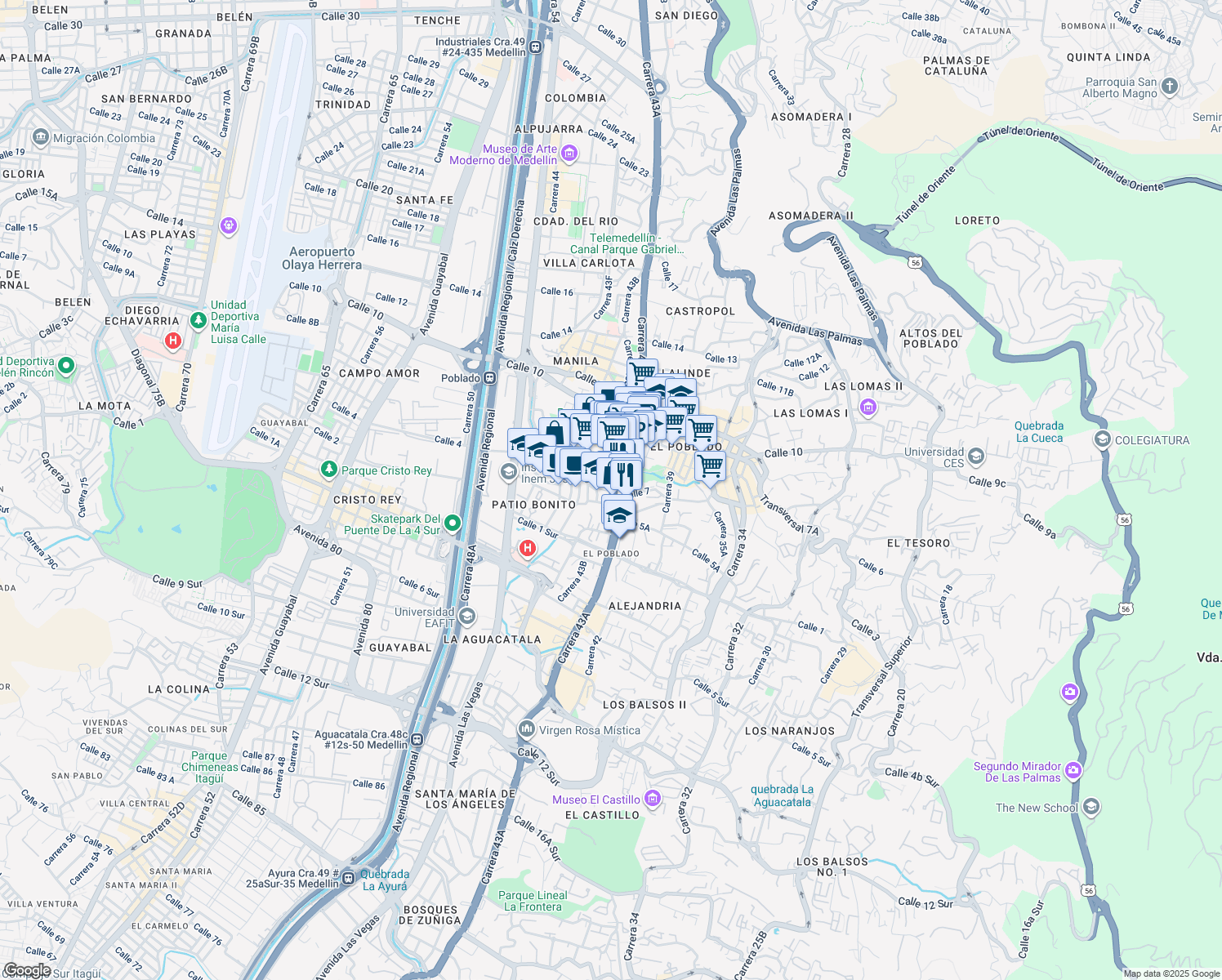 map of restaurants, bars, coffee shops, grocery stores, and more near Avenida El Poblado in Medellín